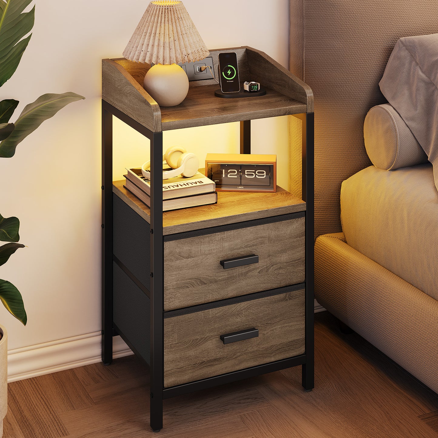 Nightstand With Charging Station Modern Bedside End Side Table With Guardrail Storage Shelf 2 Fabric Drawers USB Ports AC Outlets