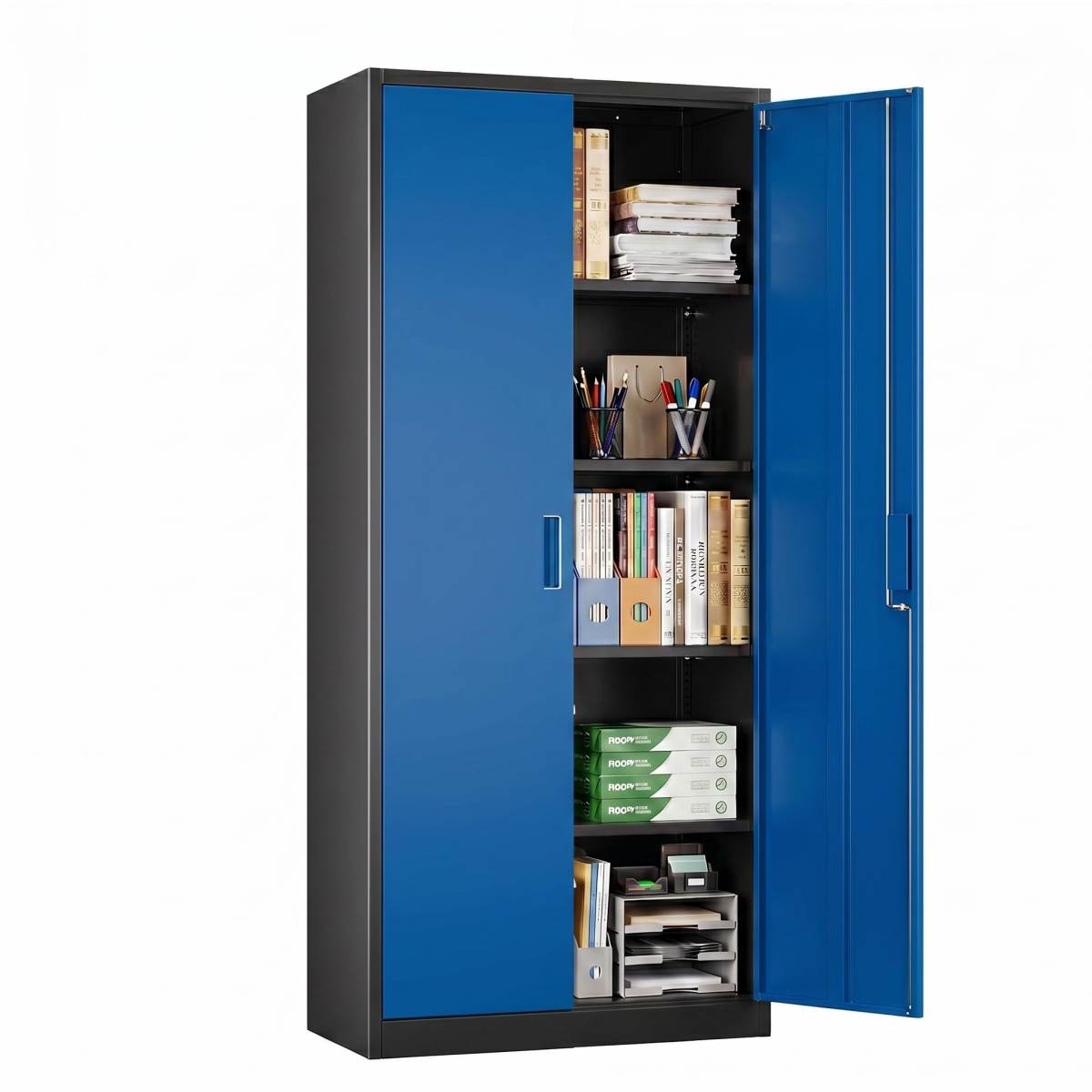 Metal Garage Storage Cabinet, Lockable Steel Storage Cabinet With 4 Adjustable Shelves For Garage, Office, Home, Assembly Required, Black & Blue