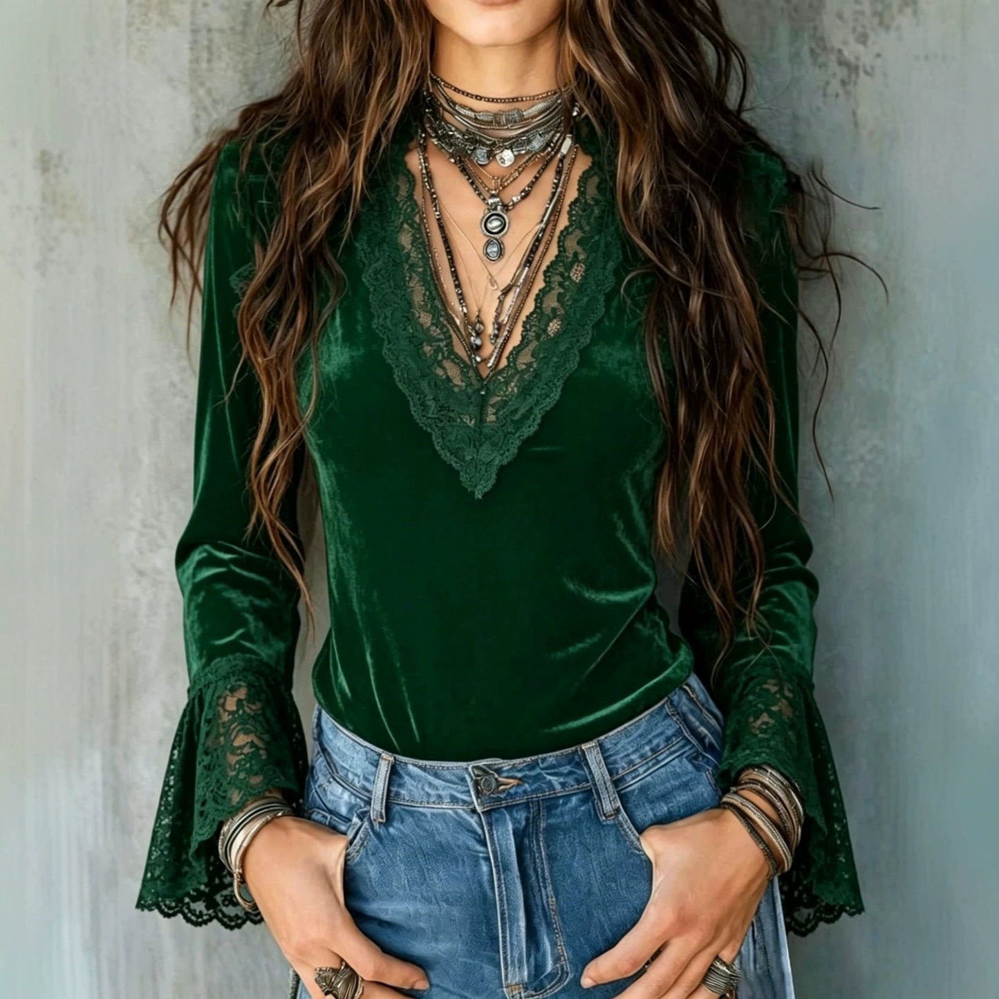 New Velvet Patchwork Deep-V Lace-trimmed Flared-sleeve Slim-fit Long Sleeves