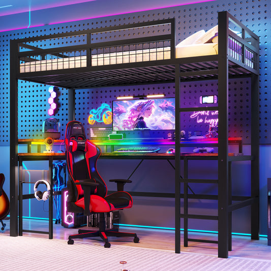 Loft Bed, 90 X 200 Cm, Iron Frame, With Colour-changing LED Light Strip, With Desk, 1 USB Port  1 Type-C Port And 2 Sockets, With Perforated Wall, Without Mattress, Black