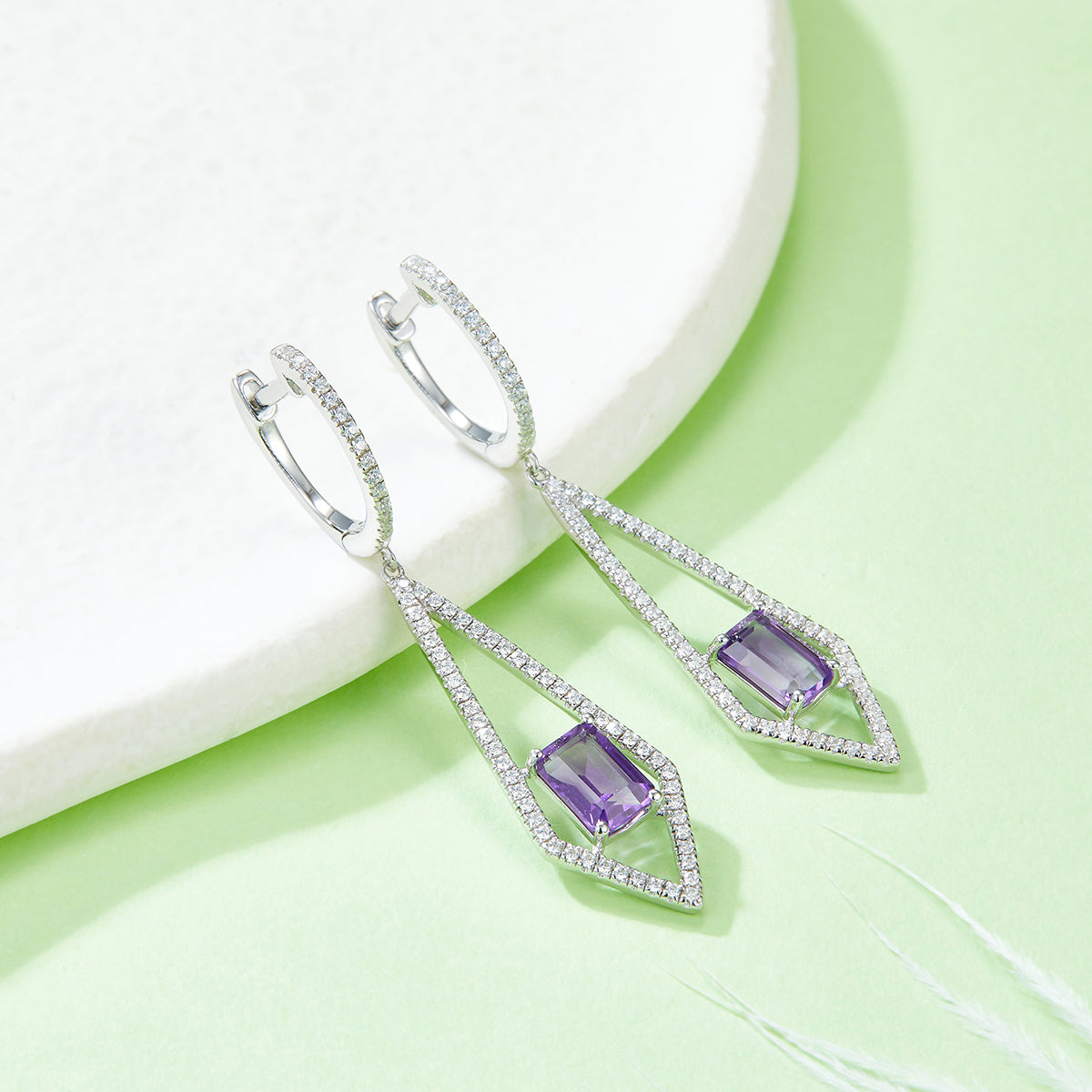 S925 Sterling Silver Dangle Earrings 6x4mm Natural Amethyst, Platinum Plated Long Kite Drop Earrings For Women, Fine Jewelry Gift Box Set