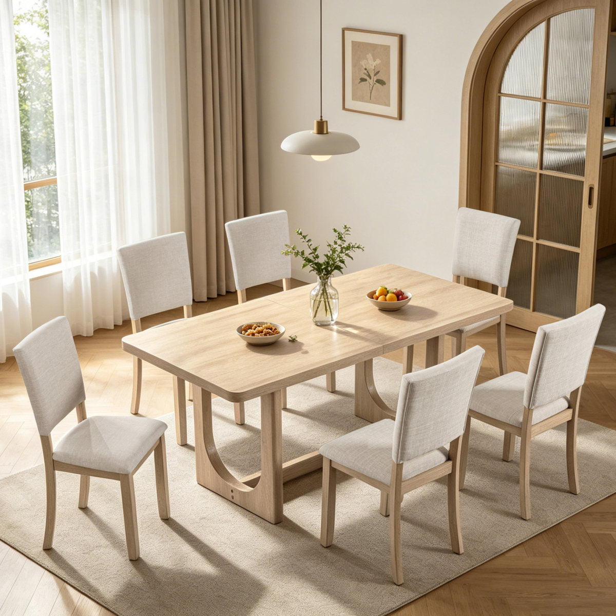 7-Piece Dining Table Set for 6, 68 Inch Rectangular Kitchen Table with 6 Upholstered Chairs, Natural Wood Dining Room Furniture Set with Sturdy U-Shaped Frame for Family, Apartment, Dining Room
