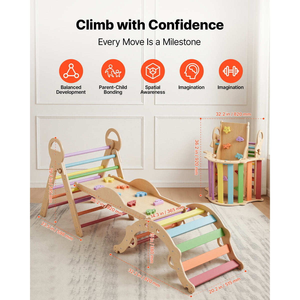 Pikler Triangle Set, 9-in-1 Toddler Climbing Toys Indoor, With Xylophone, Cushion, Triangle, Arch, And Ramp, 150 Lbs Load, Foldable Montessori Climbing Set For Toddlers And Kids, Rainbow