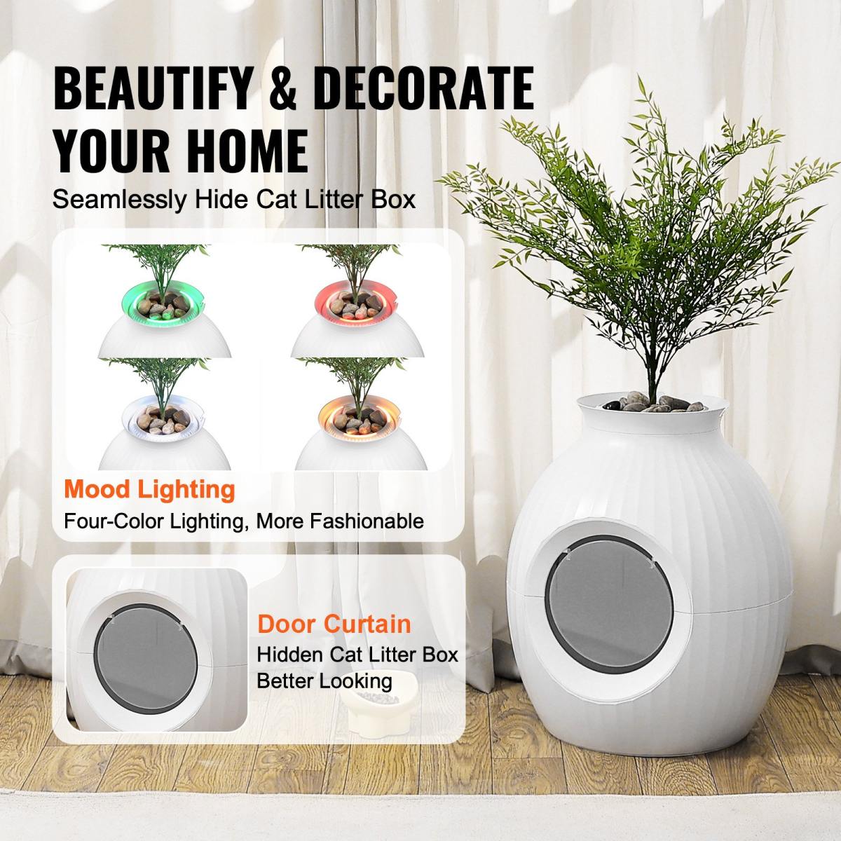 Plant Cat Litter Box, Smart Odor Control System, Hidden Cat Litter Box With 9.48 In Large Entrance, Lighting Decoration & Sturdy ABS Material, Fit For Living Room/Corner/Outdoor Pool/Patio