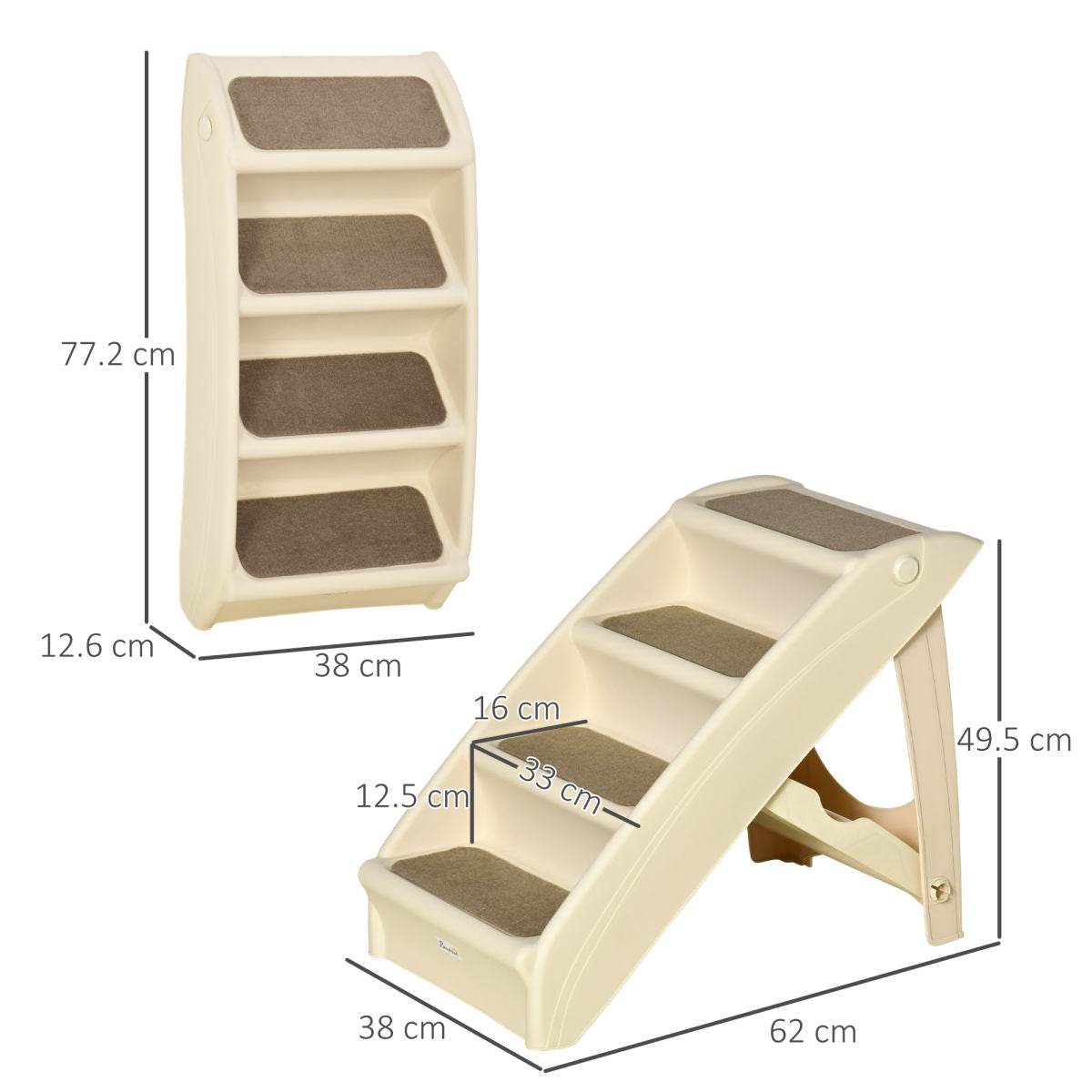 PawHut Foldable Four-Step Pet Stairs, For Cats, Small Miniature Dogs, With Non-Slip Mats 62 X 38 X 49.5cm - Beige