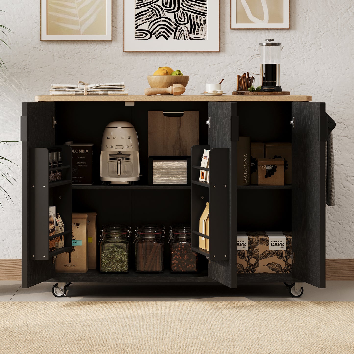 K&K 51   Fluted Kitchen Island With Drop Leaf, Farmhouse Accent Kitchen Island On Wheels With Internal Storage Rack, Rolling Kitchen Cart With Towel Rack For Kitchen, Dining Room, Black Ash