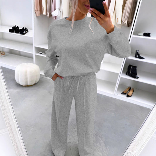Home-style Drop-shoulder Long-sleeve Top And Casual Pleated Trousers Two-piece Set