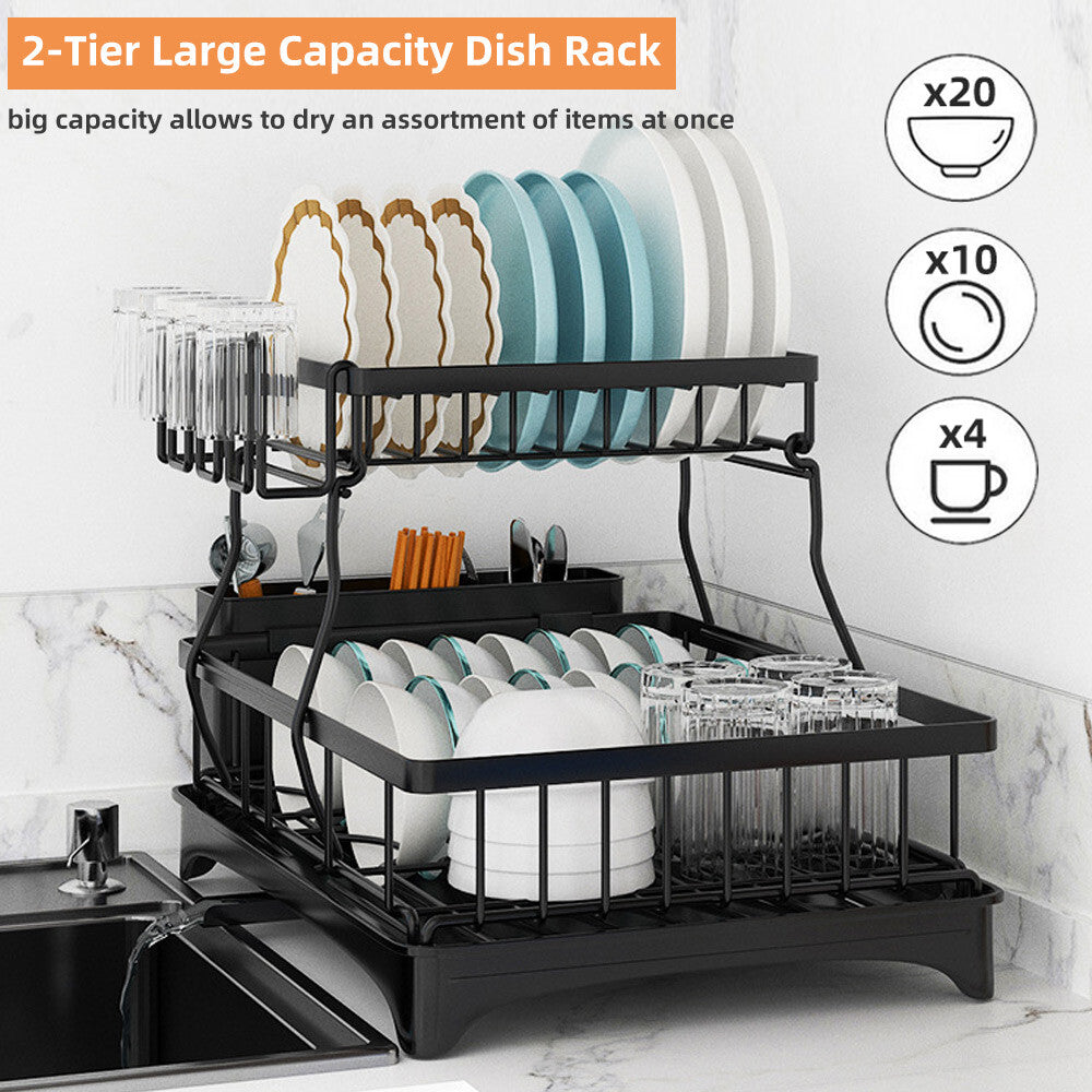 2 Tier Dish Drainer Drying Rack With Cup Holder Cutlery Tray Kitchen Organiser