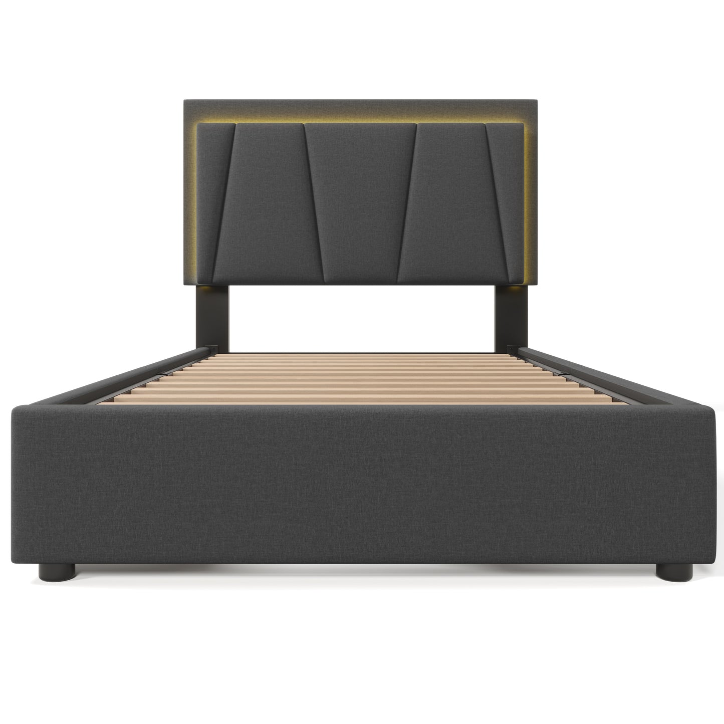 Upholstered Bed With LED Lighting And 2 Drawers,Height-adjustable Headboard,Single Bed 90x200cm Storage Beds Bed Frame, Wooden Slatted Base,Grey  Without Mattress