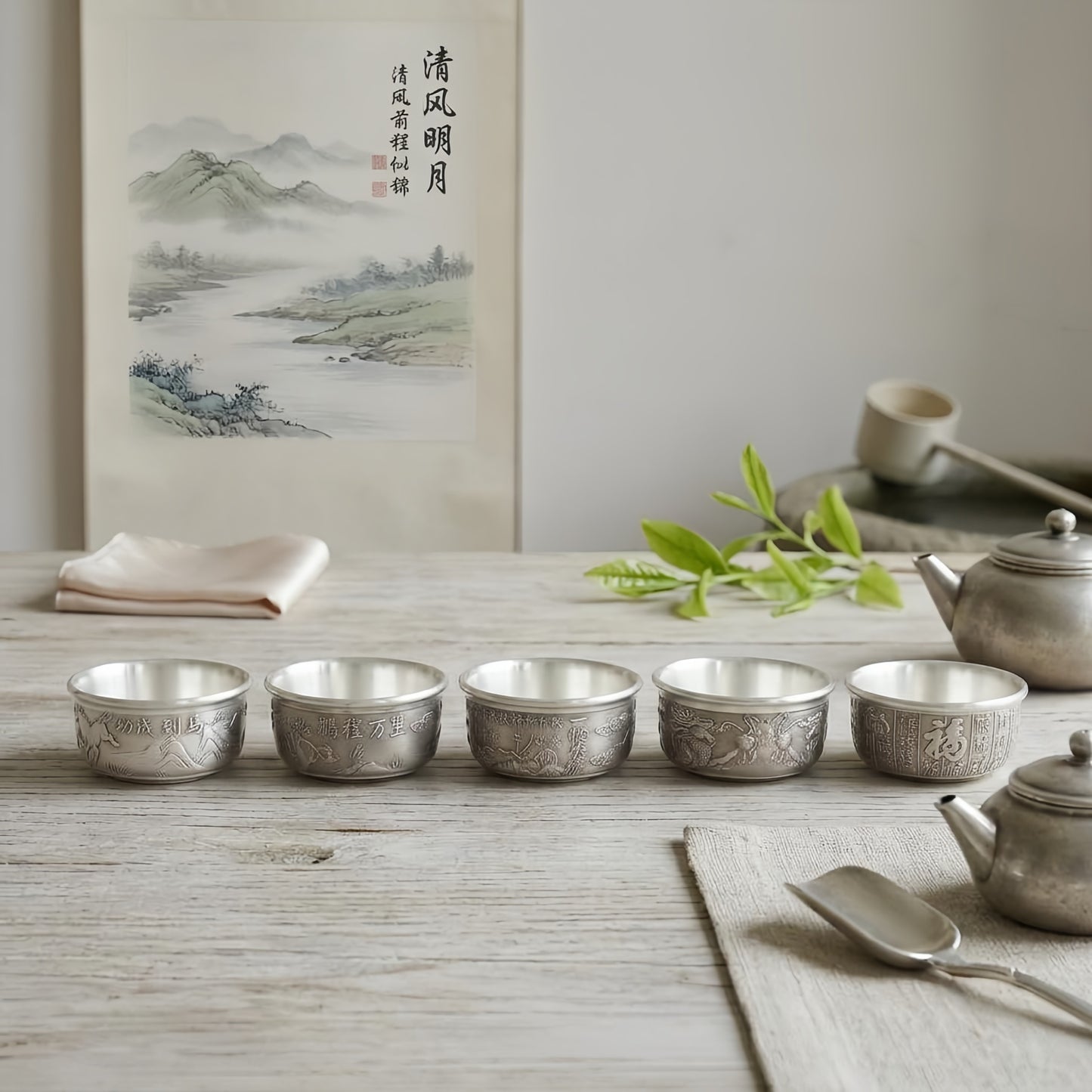925 Sterling Silver Set of Five Antique-Style Chinese Silver-Plated Tea Cups with Embossed Traditional Motifs - Handicraft