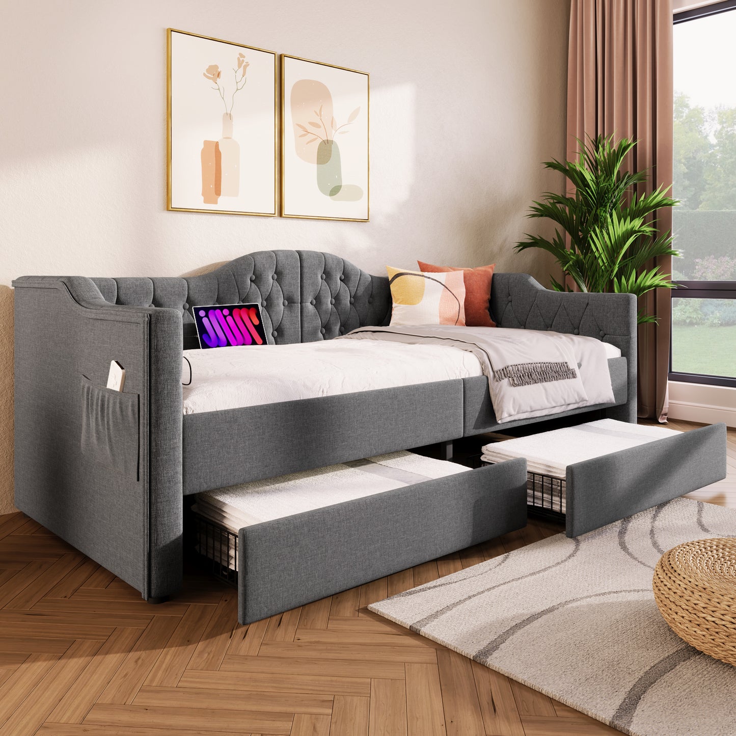 Upholstered Bed Daybed Sofa Bed Storage Beds Bed Frame With USB Type C Charging And 2 Drawers 90x190cm In Grey Linen  Without Mattress