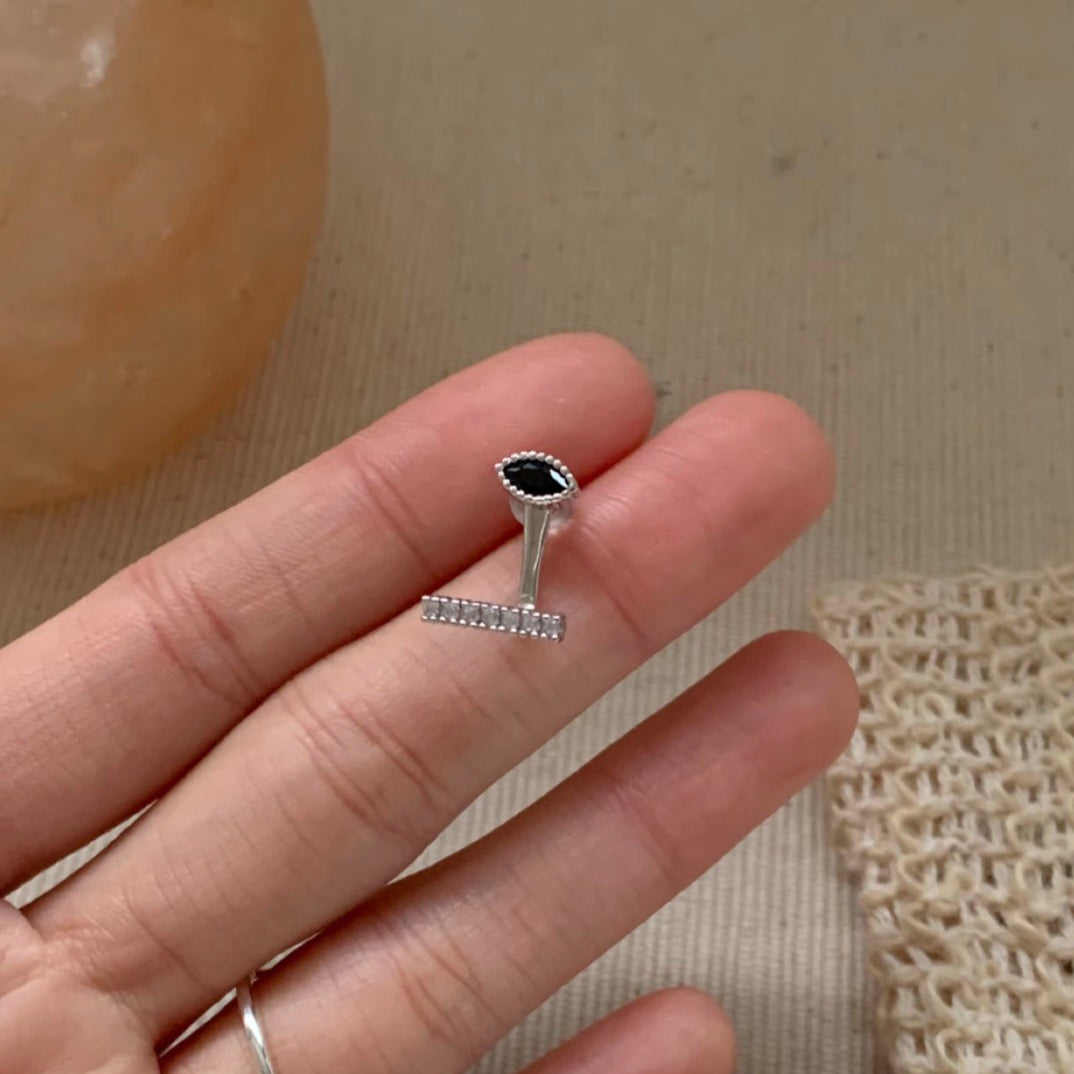 1 Pair 999 Sterling Silver Marquise Black Zircon Convertible Stud Earrings, Minimalist & Elegant, Perfect For Daily, Dating & Business, Ideal Valentine's Gift