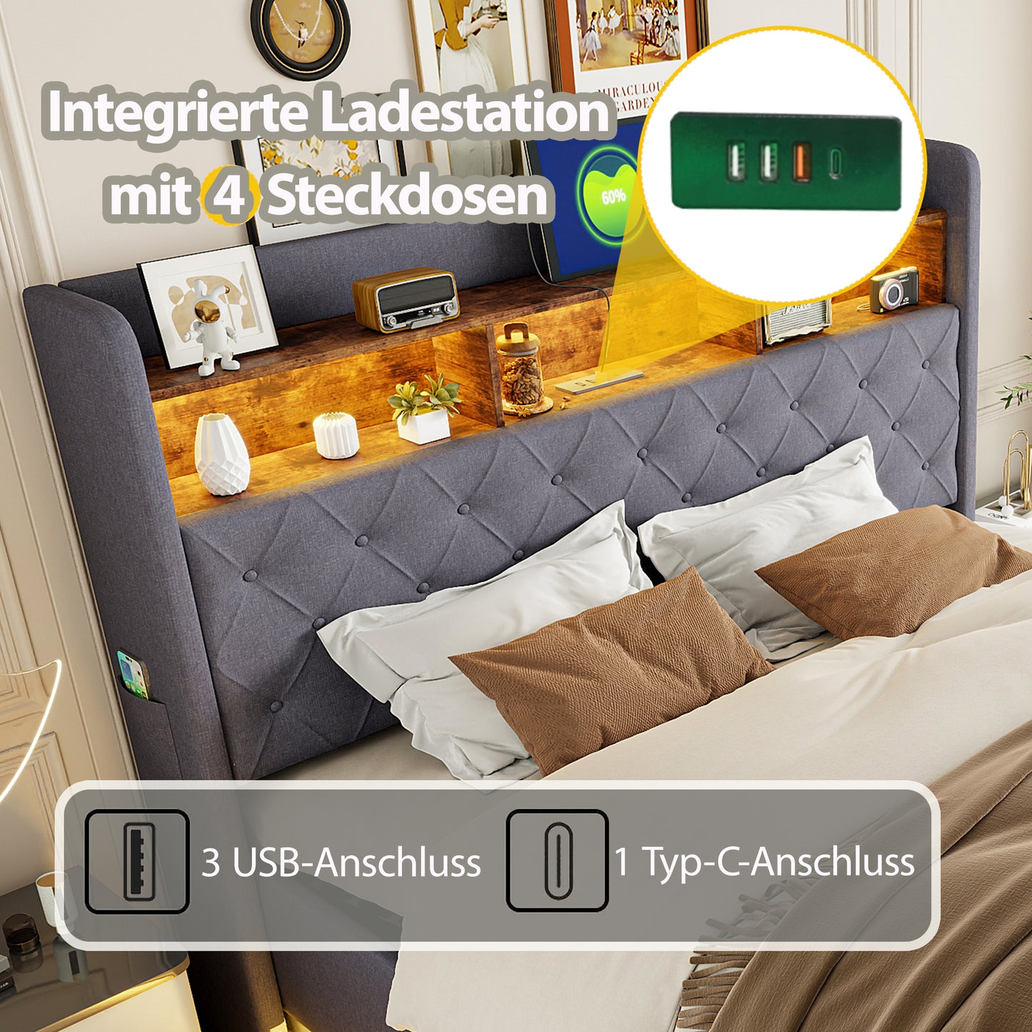 LED Upholstered Bed 180 X 200 Cm, Upholstered Storage Bed With USB Charging Port And Hydraulic Storage Space, Skin-friendly Linen Fabric, Grey