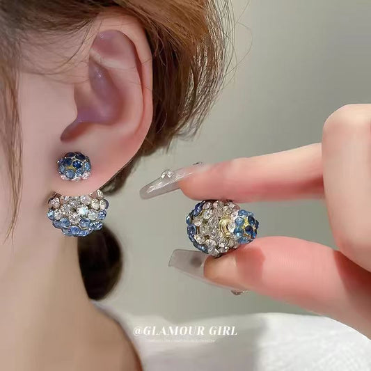 Silver Needle Diamond Round Earrings, Dual-Wear Front & Back, Korean Light Luxury Studs