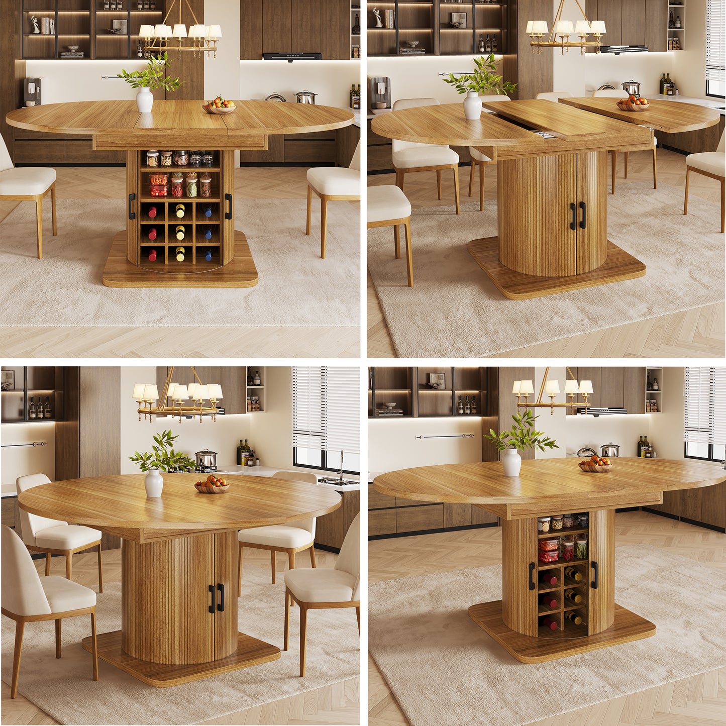 Extendable Dining Table With Storage, Multifunctional Folding Table With Wine Rack, Space-saving Kitchen Table For Small Rooms And Dining Rooms, MDF Tabletop, Natural Brown