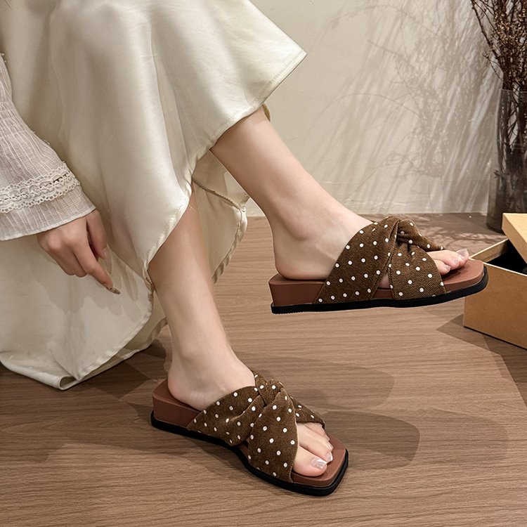 French Polka Dot Cross Belt One Line Slippers For Women's Summer Outdoor Wear Vacation Fairy Style Beach Sandals