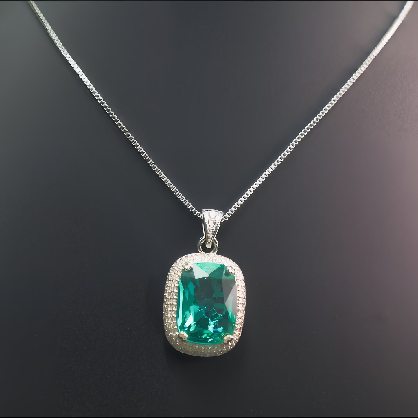 Cushion Cut Emerald Green CZ Halo Pendant Necklace For Women, Copper Plated Silver White Cubic Zirconia Halo Statement Wedding Bridal Jewelry Gift