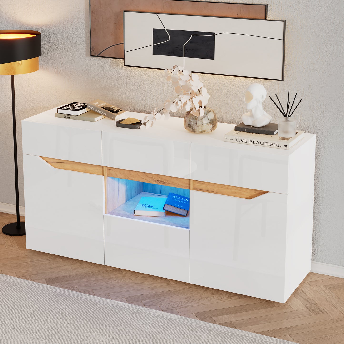 140x40x70 Cm Living Room Sideboard  4 Drawers, Two Compartments, Wide Handle-Free Design, Versatile Use, High-Gloss Unit With LED Lighting White & Wood Finish