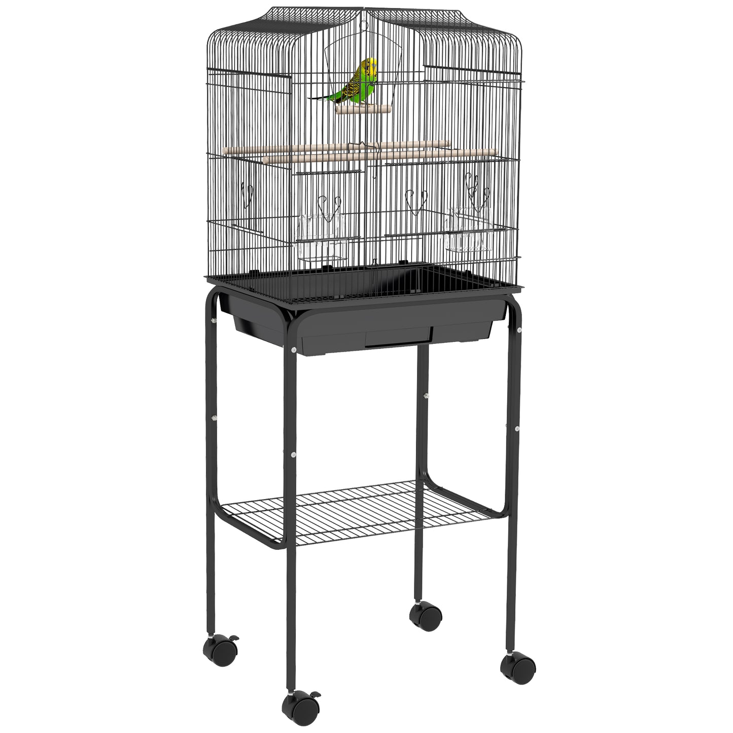 PawHut Bird Cage Budgie Cages For Finch Canary Parakeet With Stand Wheels Slide-out Tray Accessories Storage Shelf, Black