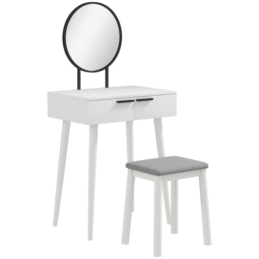 Dressing Table With Mirror And Stool, Vanity Makeup Desk Set With 2 Drawers, Cushioned Stool And Make-up Organiser For Bedroom And Dressing Room, 60 X 40 X 123 Cm, White