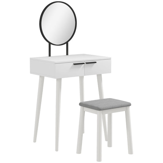 Dressing Table With Mirror And Stool, Vanity Makeup Desk Set With 2 Drawers, Cushioned Stool And Make-up Organiser For Bedroom And Dressing Room, 60 X 40 X 123 Cm, White