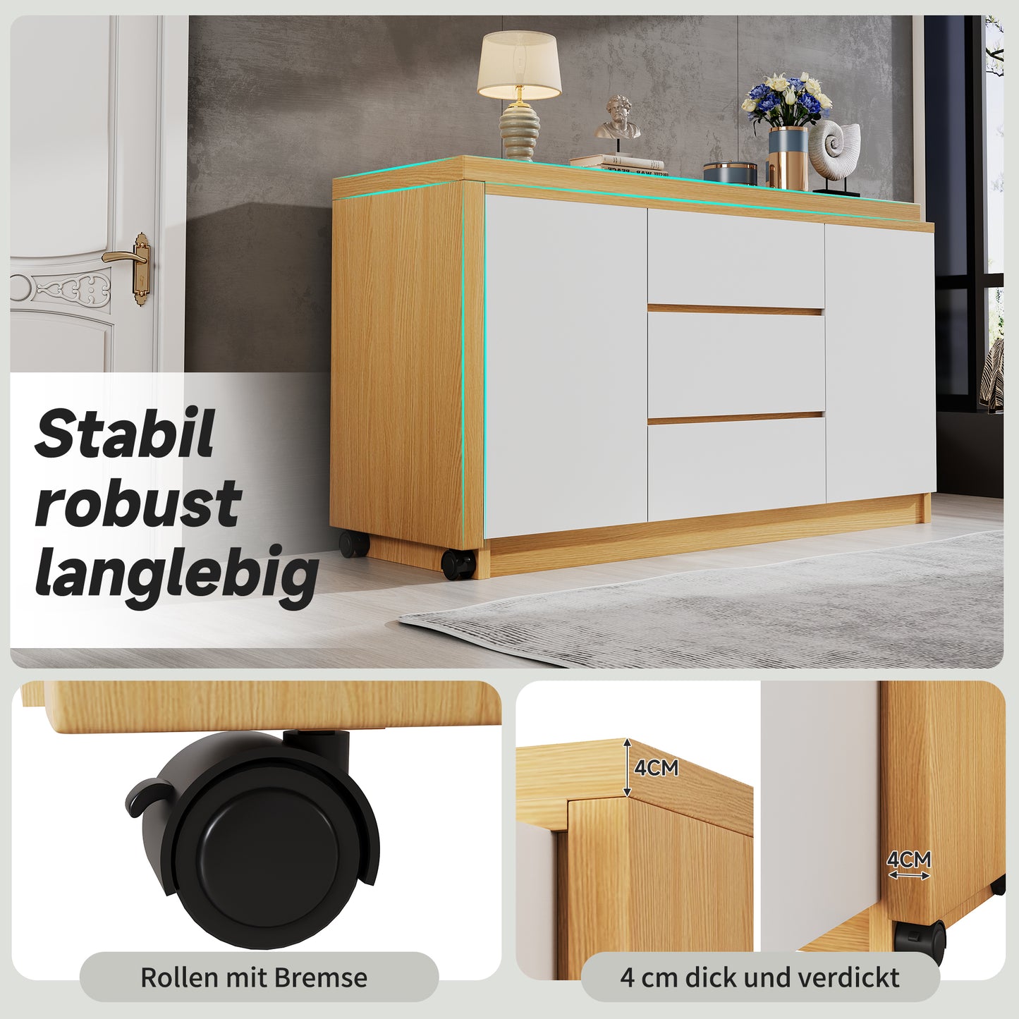 Desk With Lockable Castors  Multifunctional Design, 4 Cm Thicker, Swivel Table Top, Firmly Lockable, White Oak, Foldable Desk, Corner Desk, Sideboard, Thick Material