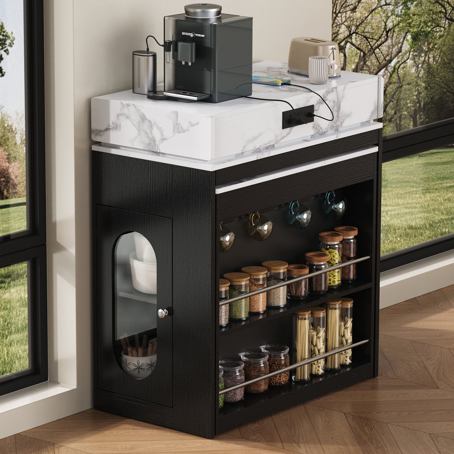 VIDEO  TREXM Extendable Dining Table With Folding Tabletop  Bar Table With Drawers And Power Outlet  Kitchen Island With Wheels And Hooks  Sideboard For Kitchen And Dining Room  Black Marble White