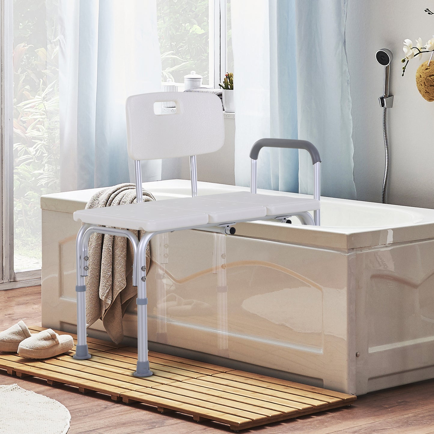 Height Adjustable Shower Chair, Non Slip Bath Transfer Bench For Elderly, Disabled With Armrest And Backrest, 300 Lbs Capacity, White