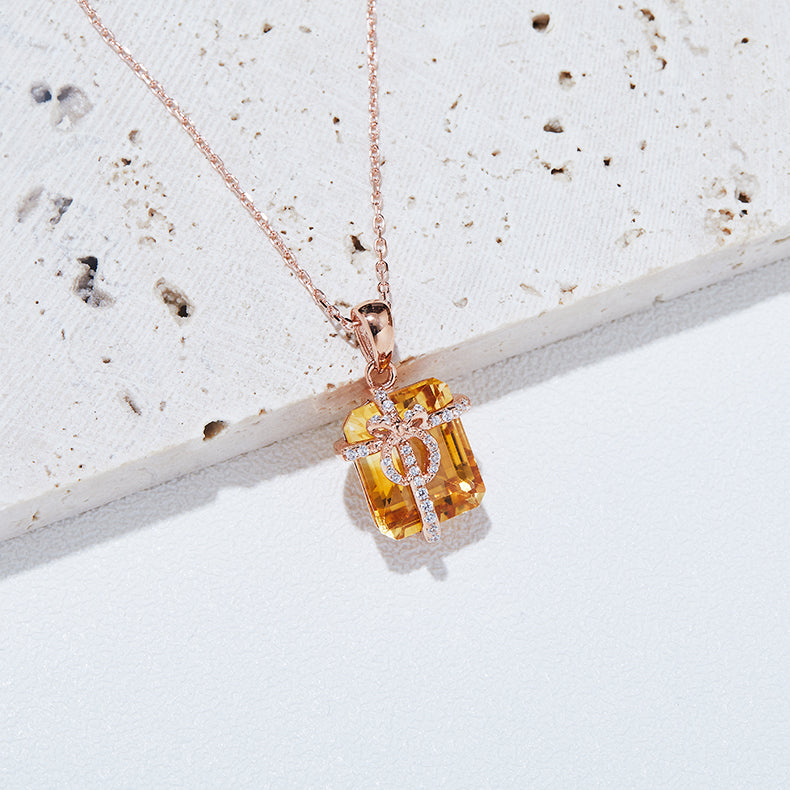 S925 Sterling Silver Gift Box Necklace, 12x10mm Natural Citrine Pendant, Platinum Plated Bowknot Design, 4g Women's Fine Jewelry With Gift Box