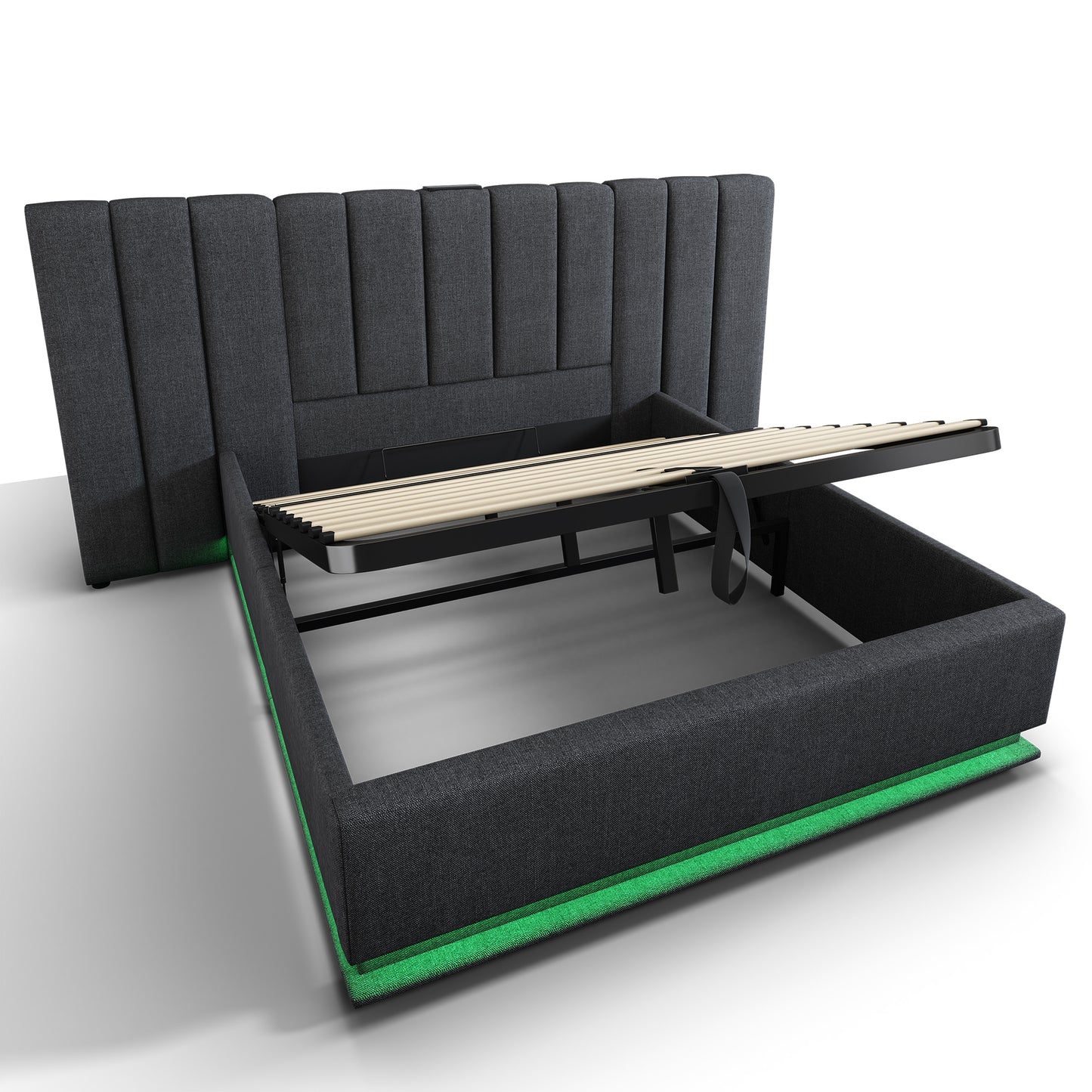 Upholstered Bed 180x200, Double Bed Storage Bed With App Control LED And USB-C Charging Function, Bed Frame With Slatted Base, Linen, Grey, Without Mattress And Bedside Table