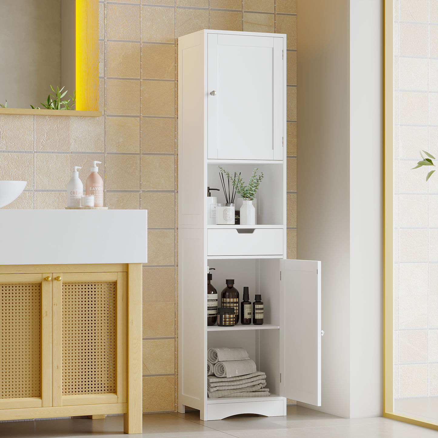 67 Tall Bathroom Cabinet, Storage Cabinet With 2 Doors & 1 Drawer, Narrow Bathroom Storage Cabinets With Adjustable Shelves, Bathroom Floor Organizer For Living Room, Entryway, Home Office, White
