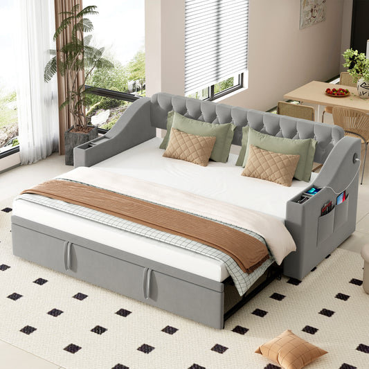 Upholstered Bed Sofa Bed, 90 180x190 Cm, Wider And Thicker Armrests With USB Charging Port, Integrated Shelf In The Armrests, With Storage Pockets, With Slatted Base, Velvet Fabric, Grey