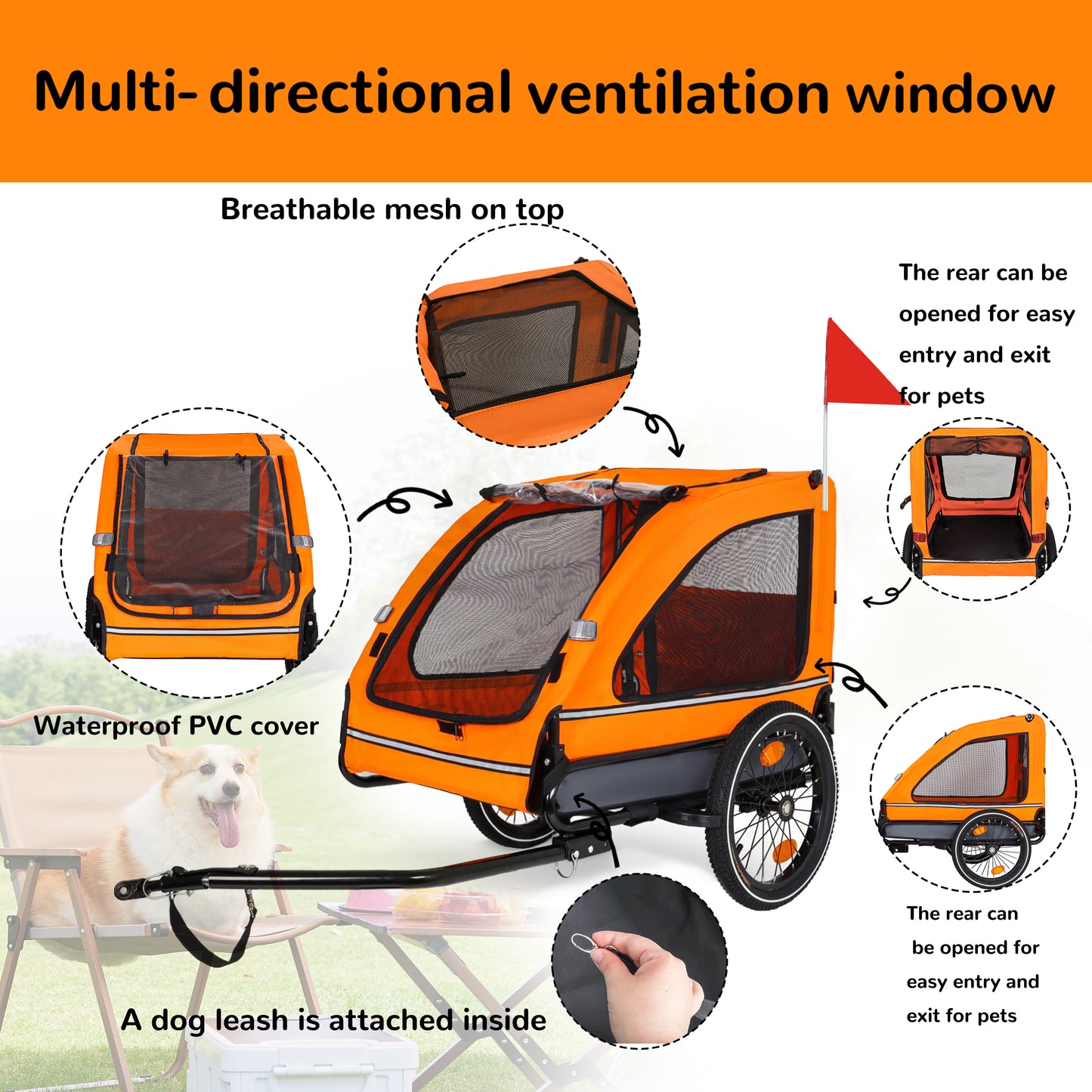 Pet Bike Trailer Dog Cart For Bicycle,Suitable For Small And Medium Pets, Easy Folding Cart Frame, Quick Release Wheel, Non-Slip Floor, Internal Leash, Orange Gray