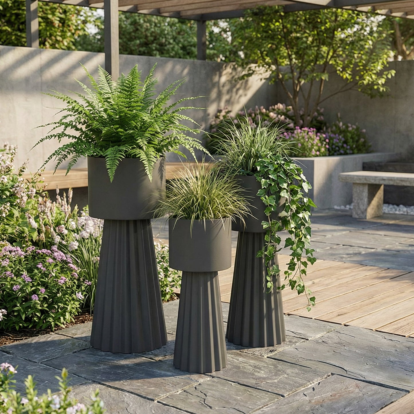 3pcs Metal Plant Pots With Stand Indoor Outdoor Tall Flower Pots 9.1in 10.6in 11.8in For Living Room Corner Kitchen Office Garden Decor Dark Gray