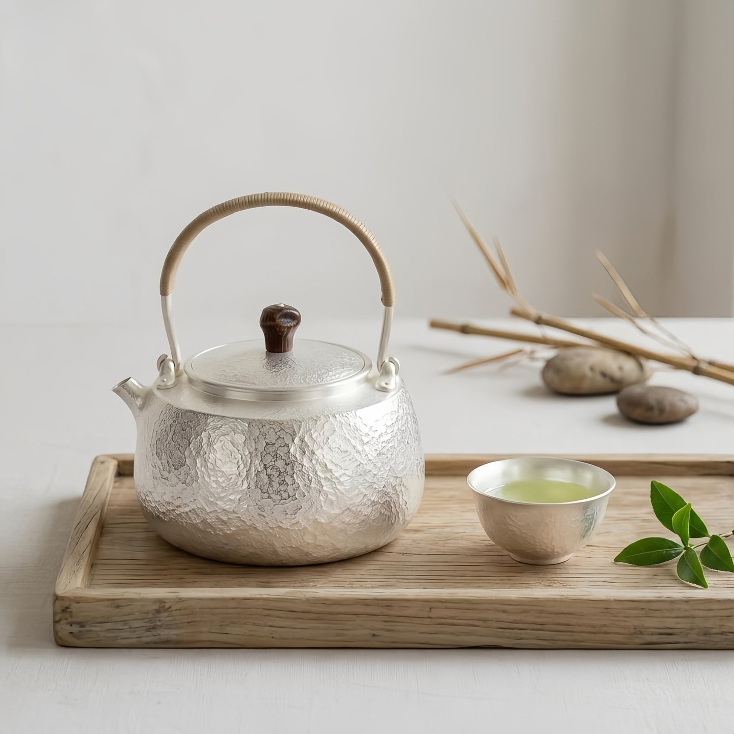 Pure 999 Fine Silver Elegant Hand-Forged Silver Tea Kettle with Woven Wicker Handle and Natural Wood Knob - Handicraft