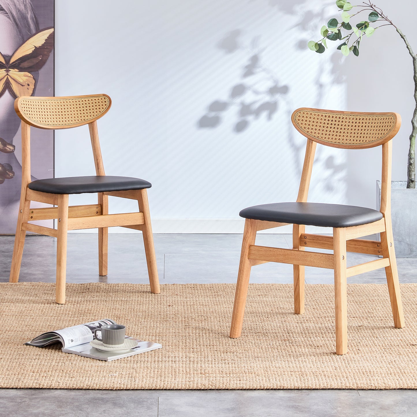 2-piece Set, Dining Chair With Solid Wood Backrest In Rattan, Individual Piece, Ergonomic Kitchen Chair With Cushioned Seat,Scandinavian Style