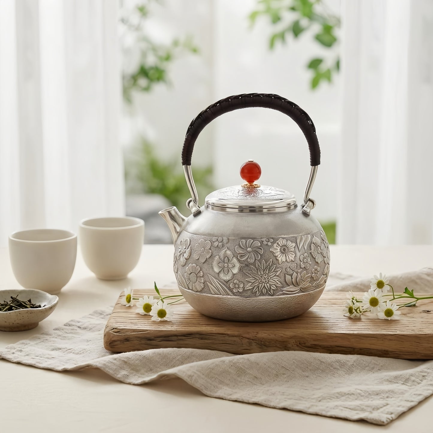 Pure 999 Fine Silver Exquisite Sterling Silver Tea Kettle Featuring Intricate Floral Carvings and Woven Handle - Handicraft