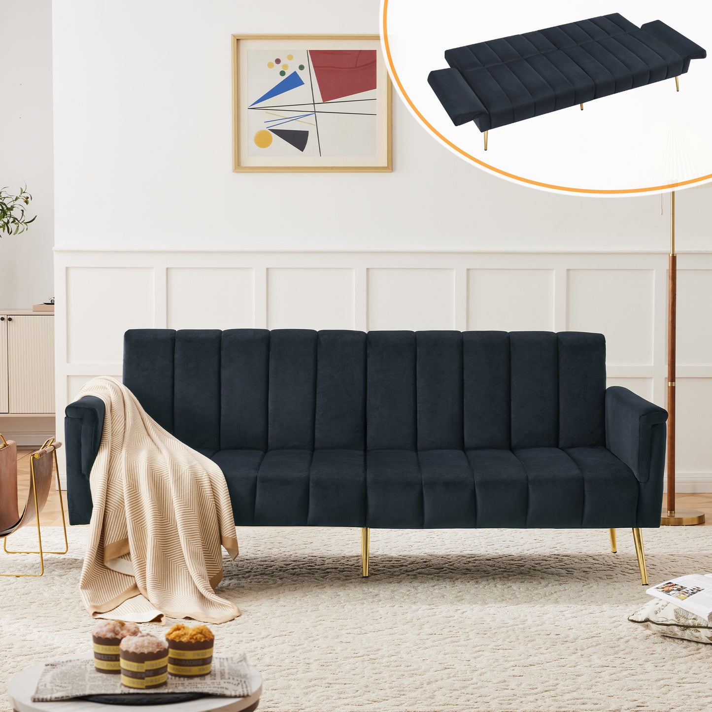 Modern Folding Sofa Bed, Sofa Bed With Auxiliary Feet, With Sleeping Function, Velvet Fabric, Suitable For Living Room, Bedroom, Home Theater, Guest Room. Video Available