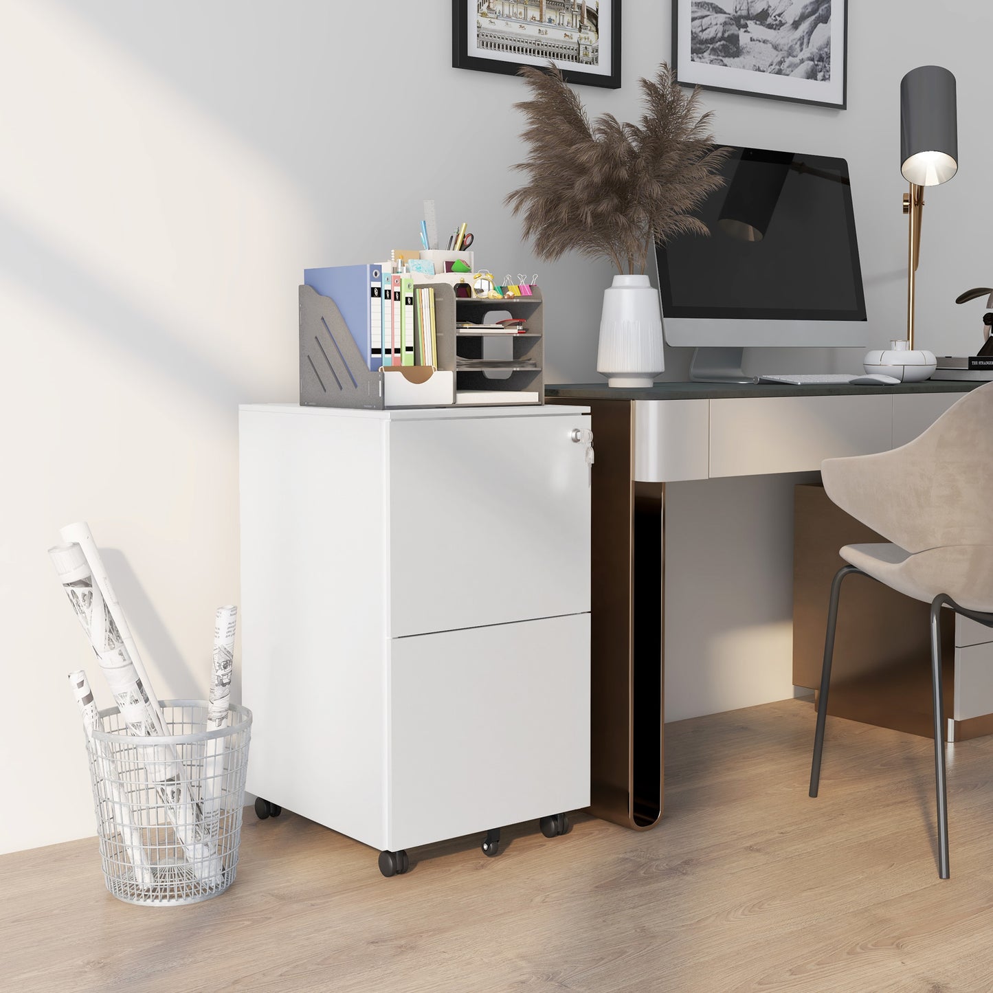 Vinsetto 2-Drawer Vertical Filing Cabinet With Lock And 5 Wheels, Steel Mobile File Cabinet, For A4, Legal And Letter Size, Pre-Assembled Body, White