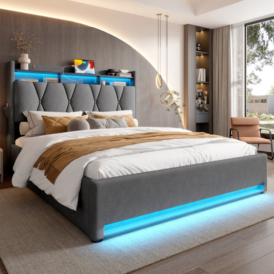 150x200cm Padded Bed Frame With LED Lighting, USB Type-C Charging Function, And Under-bed Storage, Headboard With Storage Space, Hydraulic Storage Bed Frame, Without Mattress,  Dark Gray