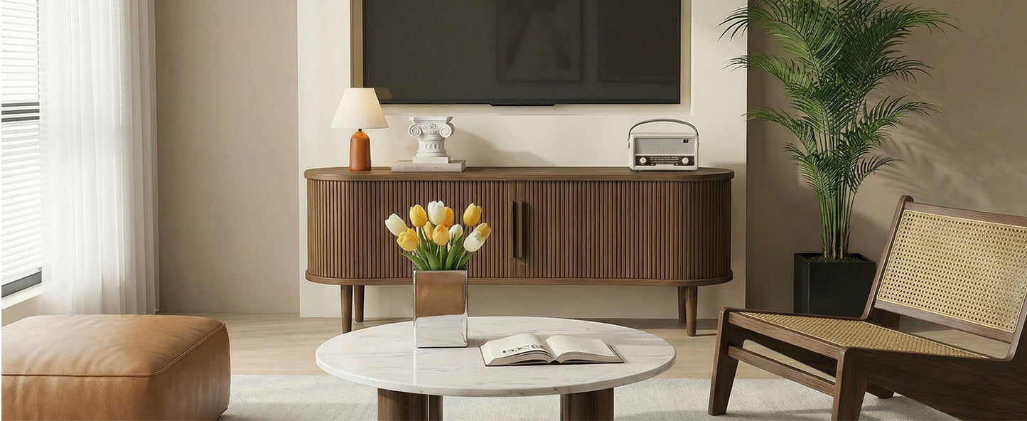 63in Fluted TV Stand Modern Media Console Table Entertainment Center With Sliding Door And Solid Wood Legs For Living Room Bedroom Office