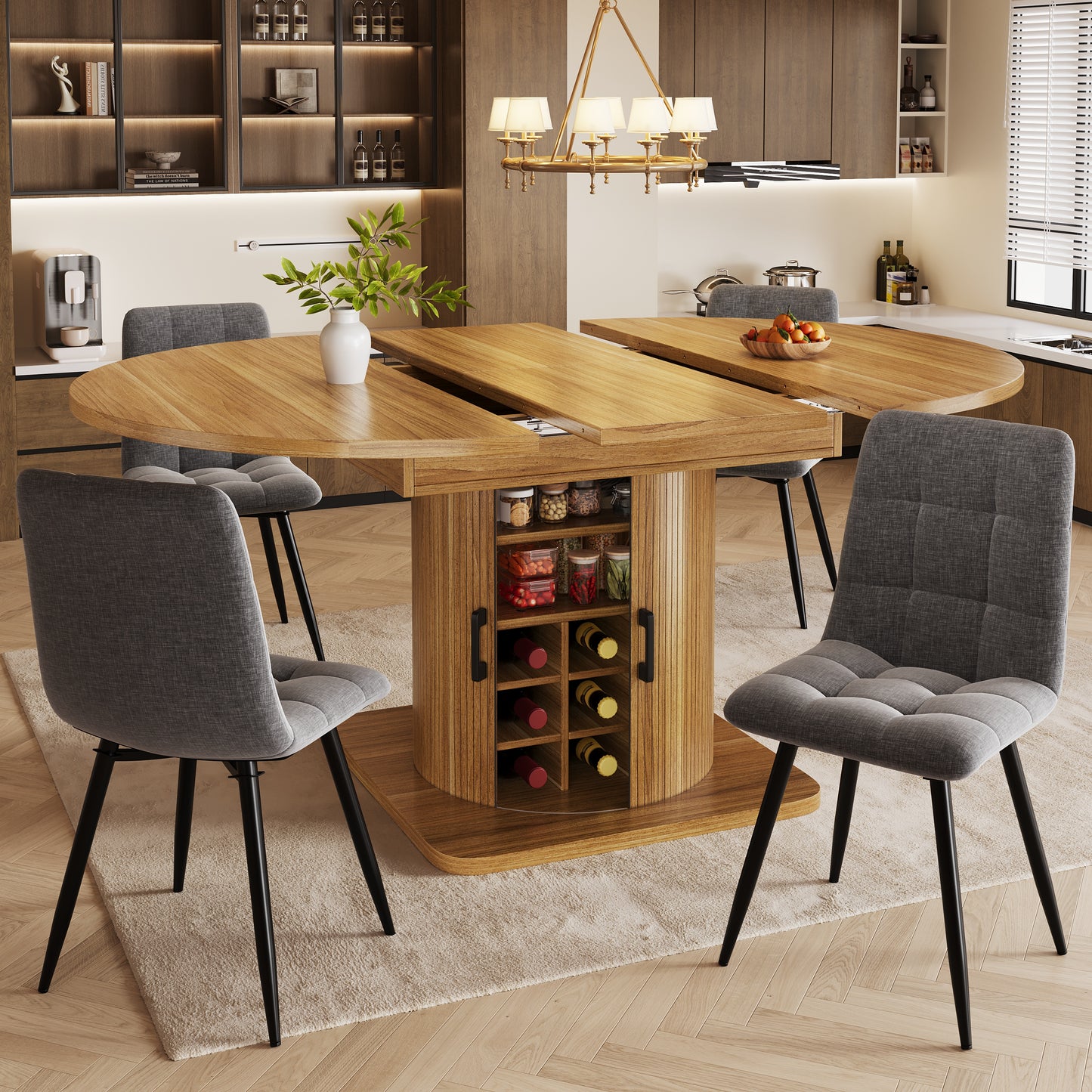 Extendable Dining Table With Storage, Multifunctional Folding Table With Wine Rack, Space-saving Kitchen Table For Small Rooms And Dining Rooms, MDF Tabletop, Natural Brown