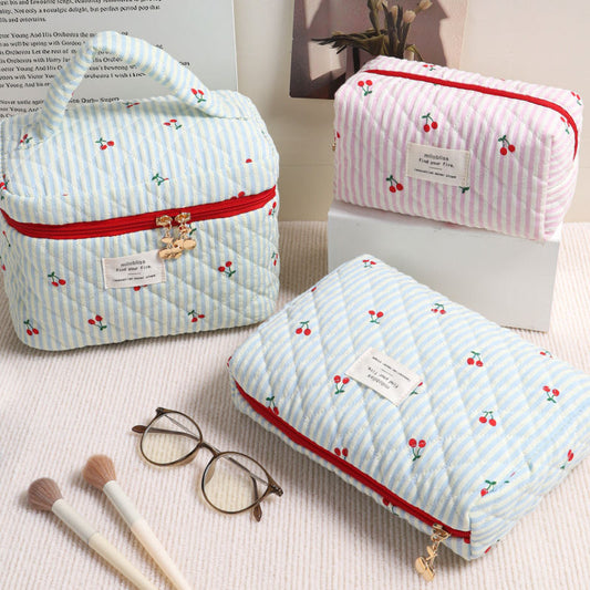 Girly Quilted Cherry Colorblock Striped Makeup Bag