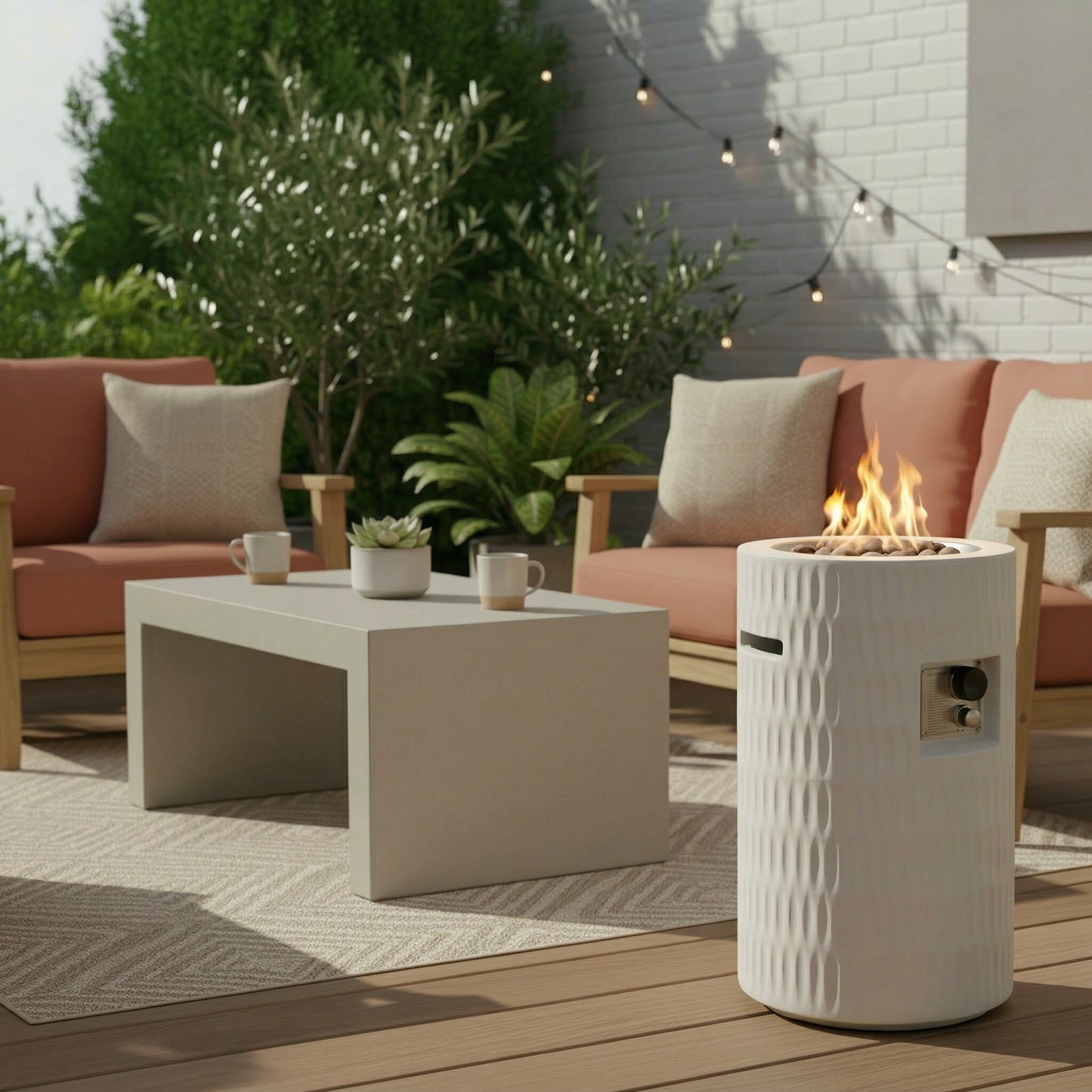 26   Propane Fire Pit, Outdoor Gas Patio Fire Pit 40,000 BTU, Cylindrical Concrete Fire Pit With Hidden 20lb Tank Storage, Modern Textured Fire Column, Includes Lava Rocks & Waterproof Cover -Beige