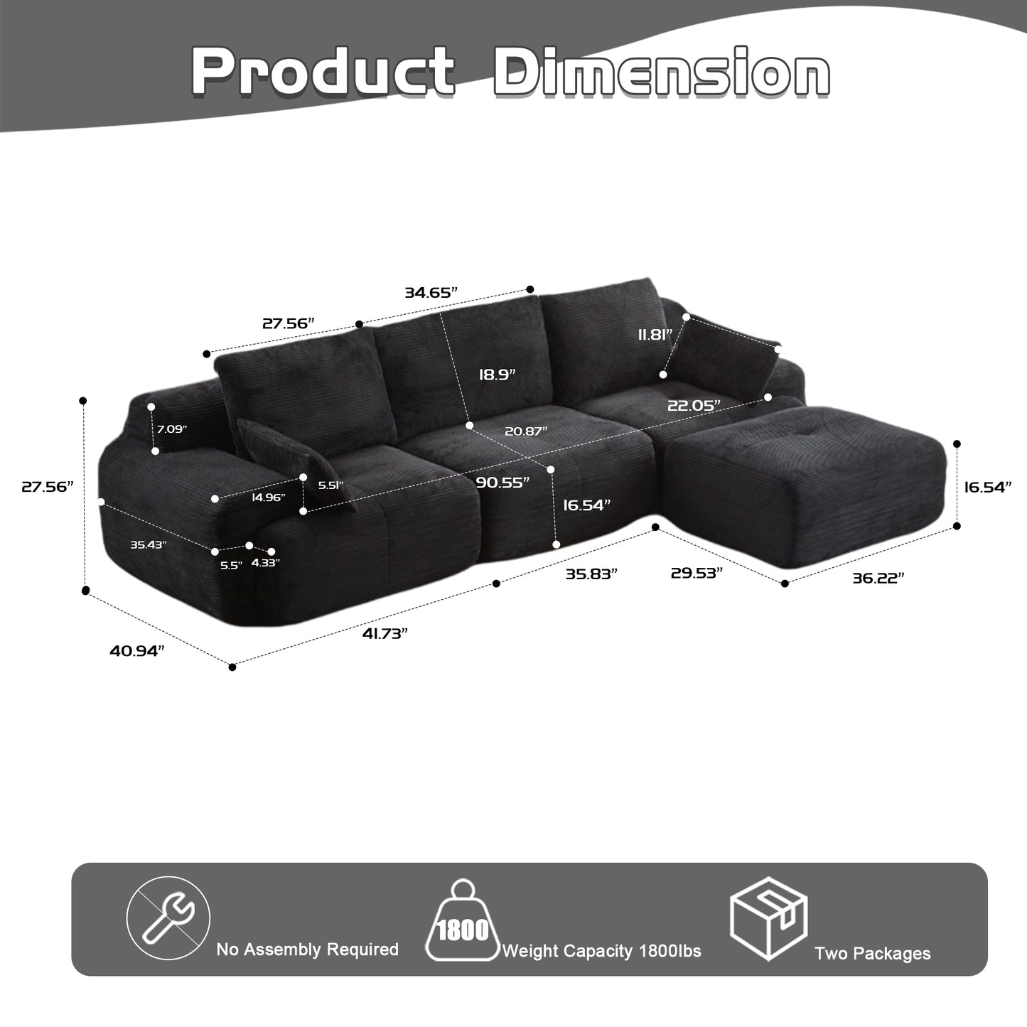 Modern Memory Foam Compressed Sofa,Large Sectional Couches For Living Room,Pet-Friendly Cloud Modular Sectional Sofa,Corduroy Fabric,Extra Deep Loveseat,No Assembly Required, Black