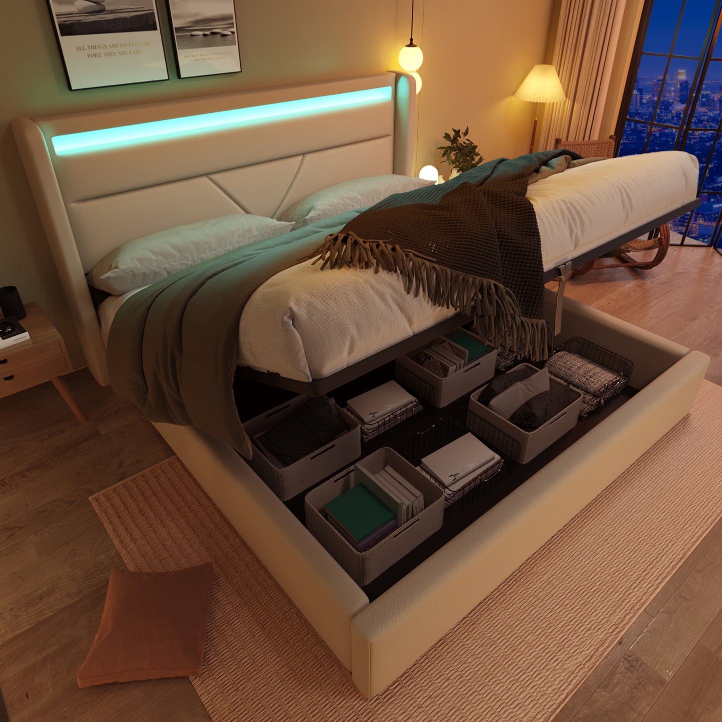 Hydraulic Storage Bed With LED Lighting Strip, Double Bed Bed Frame Upholstered Bed 160x200cm, Functional Bed, White  With Remote Control