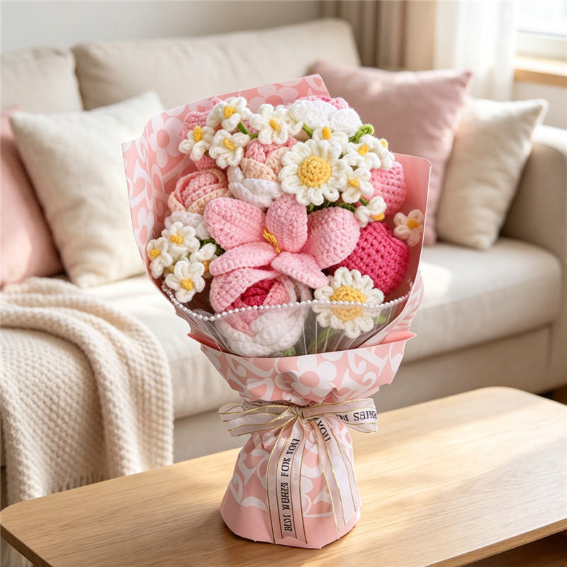 Handmade Crochet Pink Mixed Flower Bouquet, Knitted Yarn Everlasting Artificial Flowers, Pink Wrapped Floral Gift For Birthday, Mother's Day, Anniversary, Wedding & Home Table Decoration
