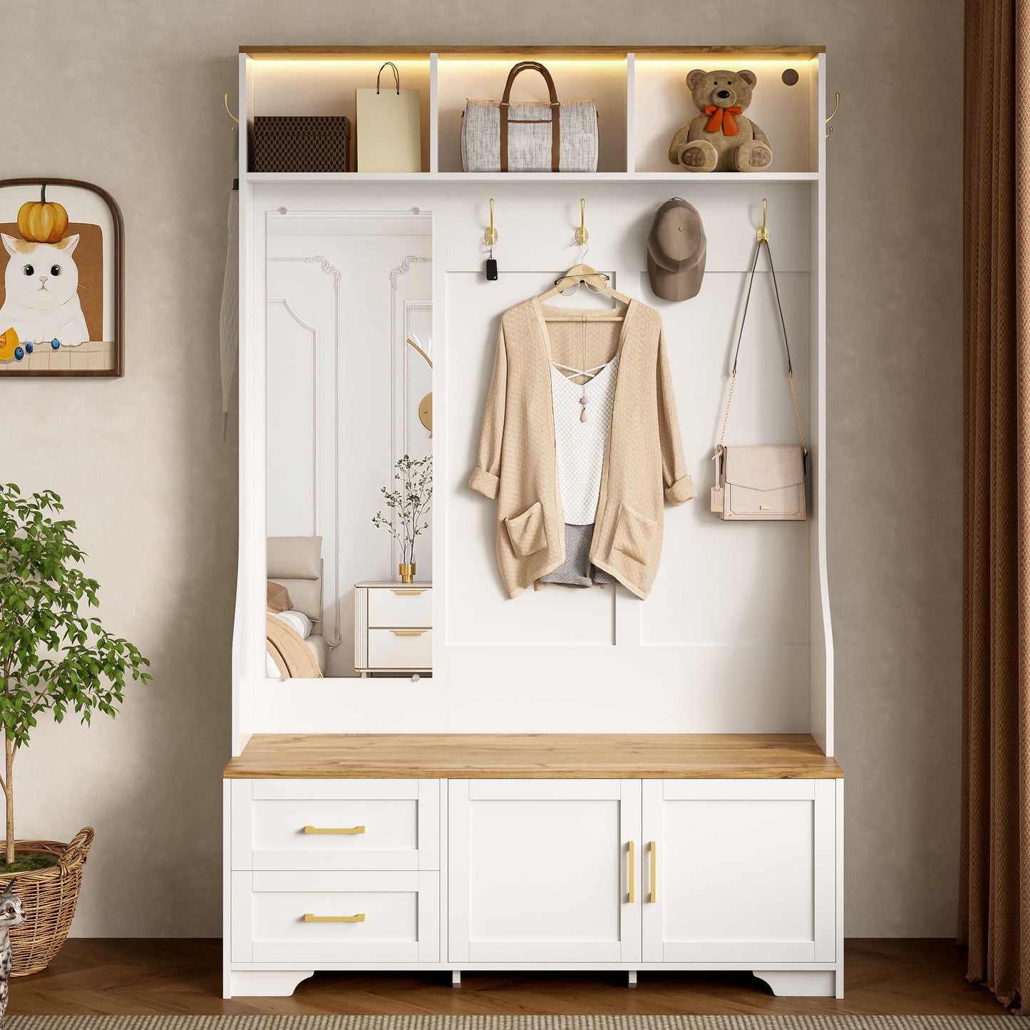 Multifunctional Hallway And Shoe Cabinet With LED Lighting, Mirror, Hooks And Drawers  Modern Wardrobe For Entrance Area & Hallway With Storage Space And Seating Area