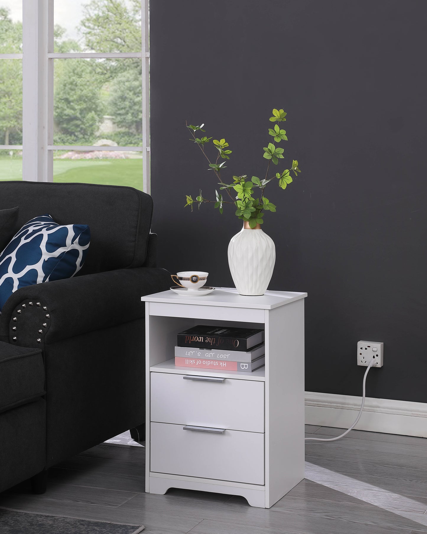 Nightstand With Charging Station,End Table With 2 Drawers,Wooden End Table With Drawer And Opening Shelf,Side Table For Bedroom, White