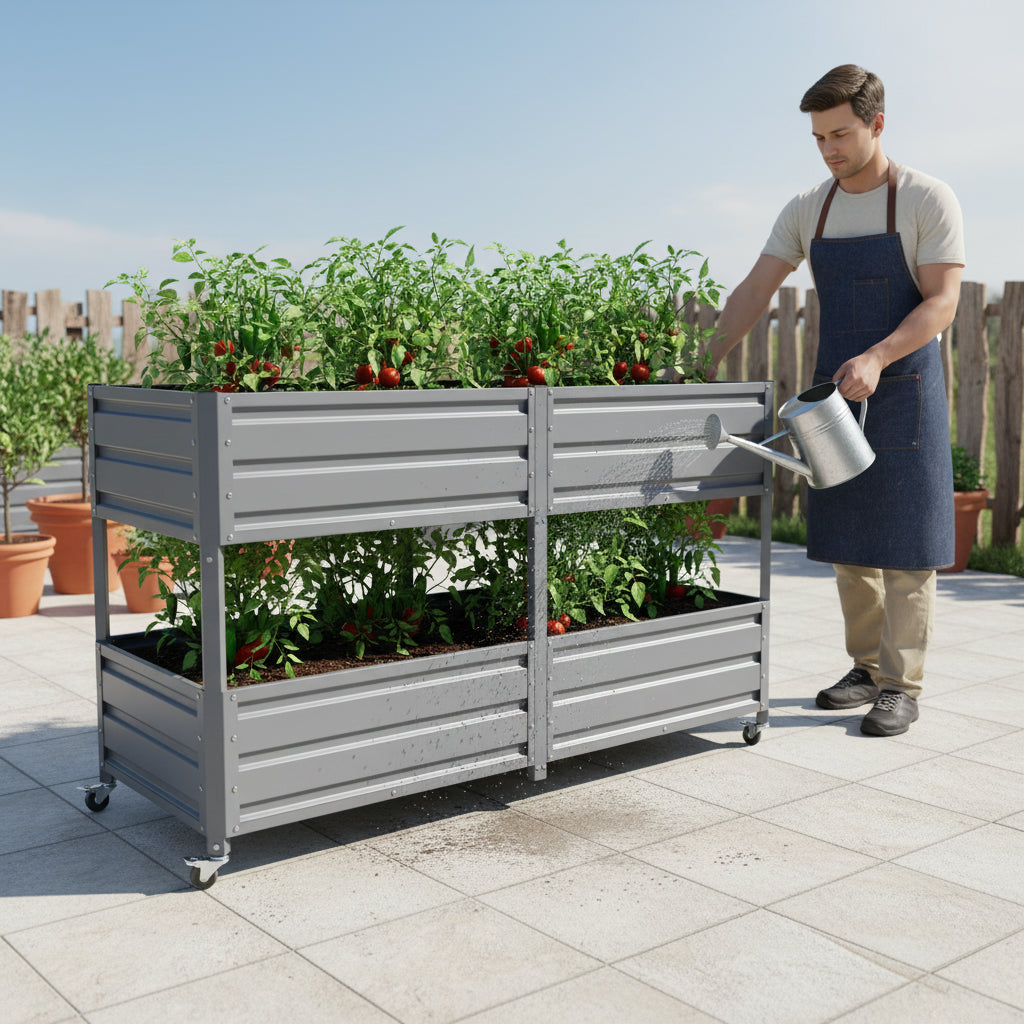 Dual Tier Elevated Metal Raised Garden Bed With Lockable Wheels, Staggered 2-Layer Raised Planter Box For Vegetables Herbs Flowers, Outdoor Patio  Green Planting Bed,Grey